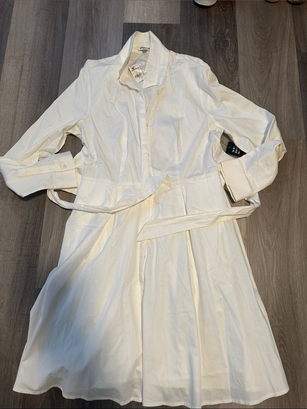 White Button-Front Shirt Dress with Waist Tie